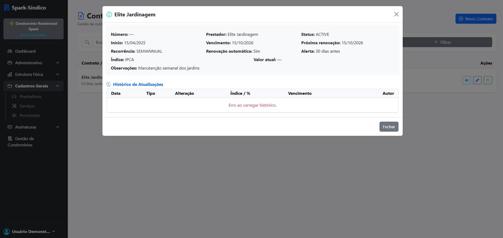Detalhes de contrato do Spark-Síndico