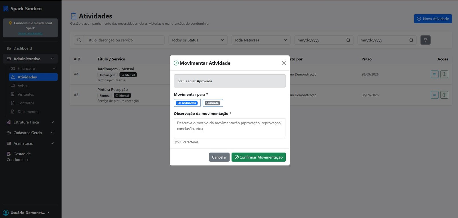 Acompanhamento de demandas do Spark-Síndico