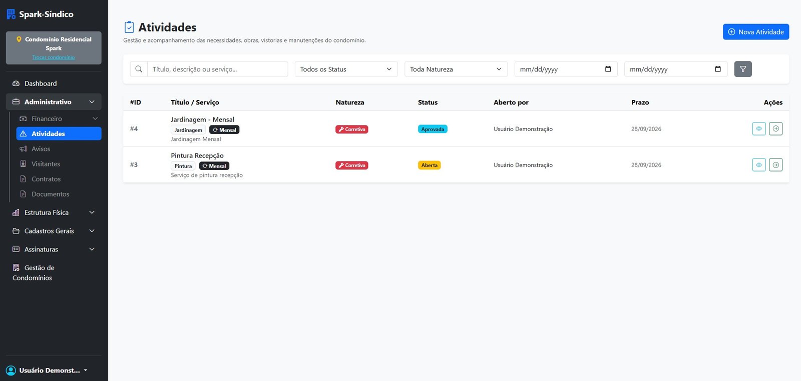 Demandas e ocorrências do Spark-Síndico
