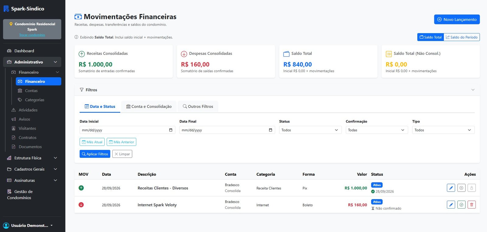 Gestão financeira do Spark-Síndico