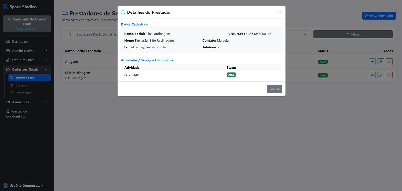 Detalhes de fornecedor do Spark-Síndico