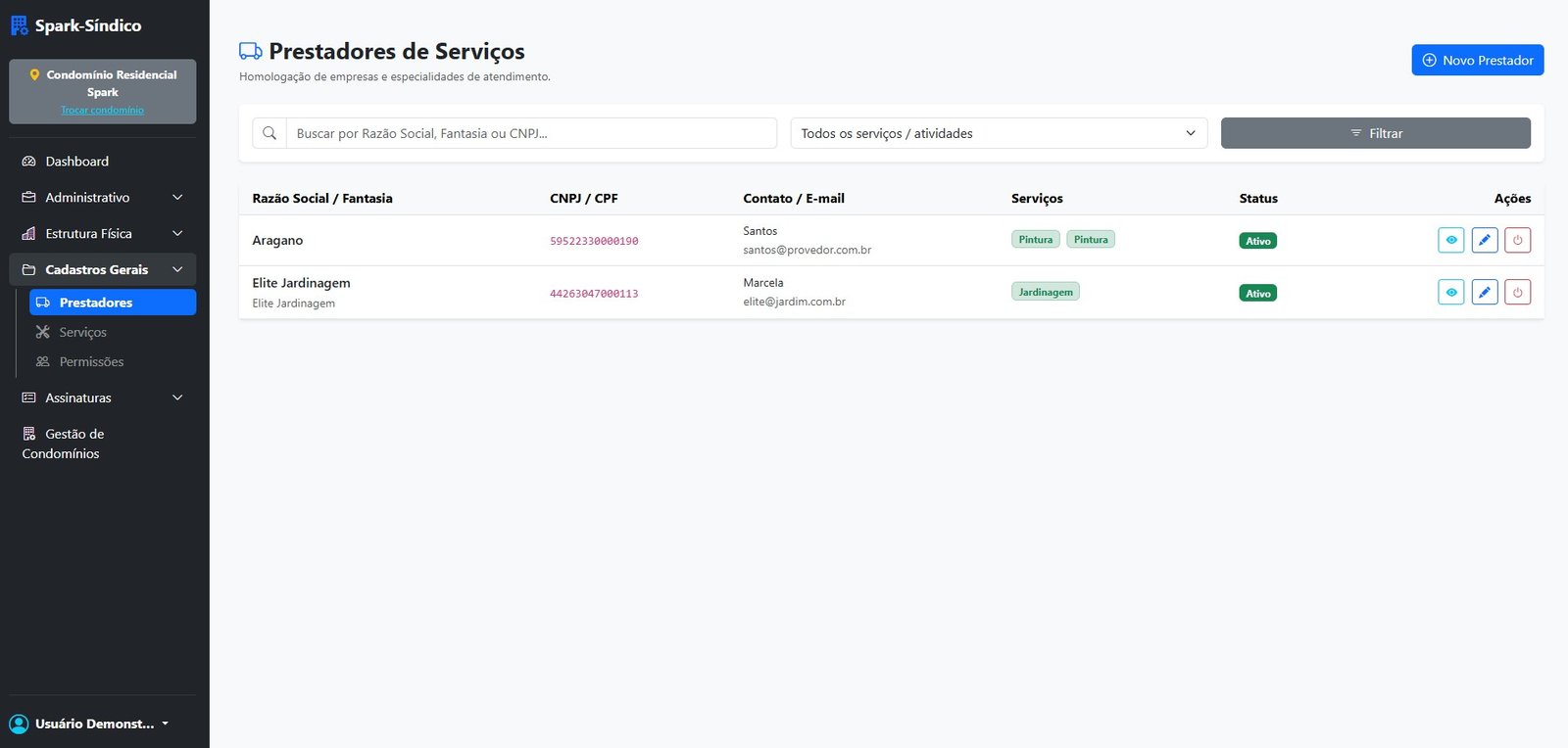 Gestão de fornecedores do Spark-Síndico